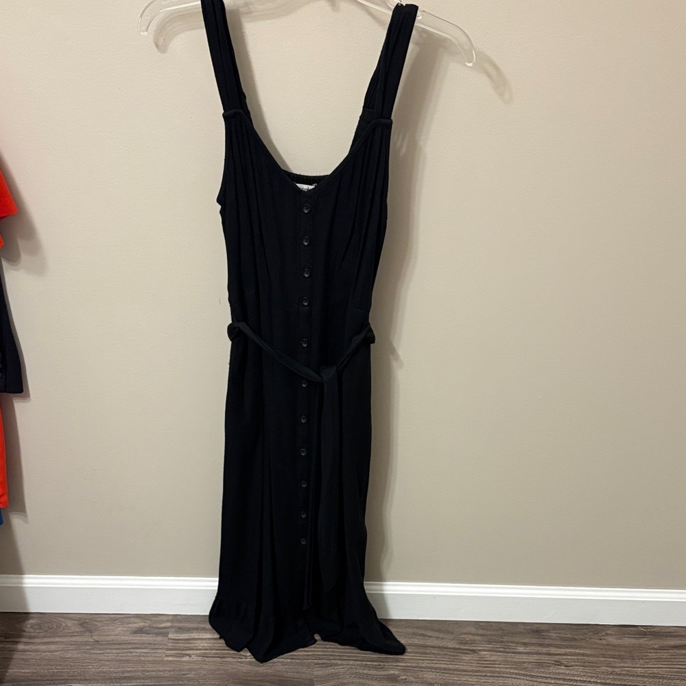 Black Button-Front Sleeveless Midi Dress with Waist Tie